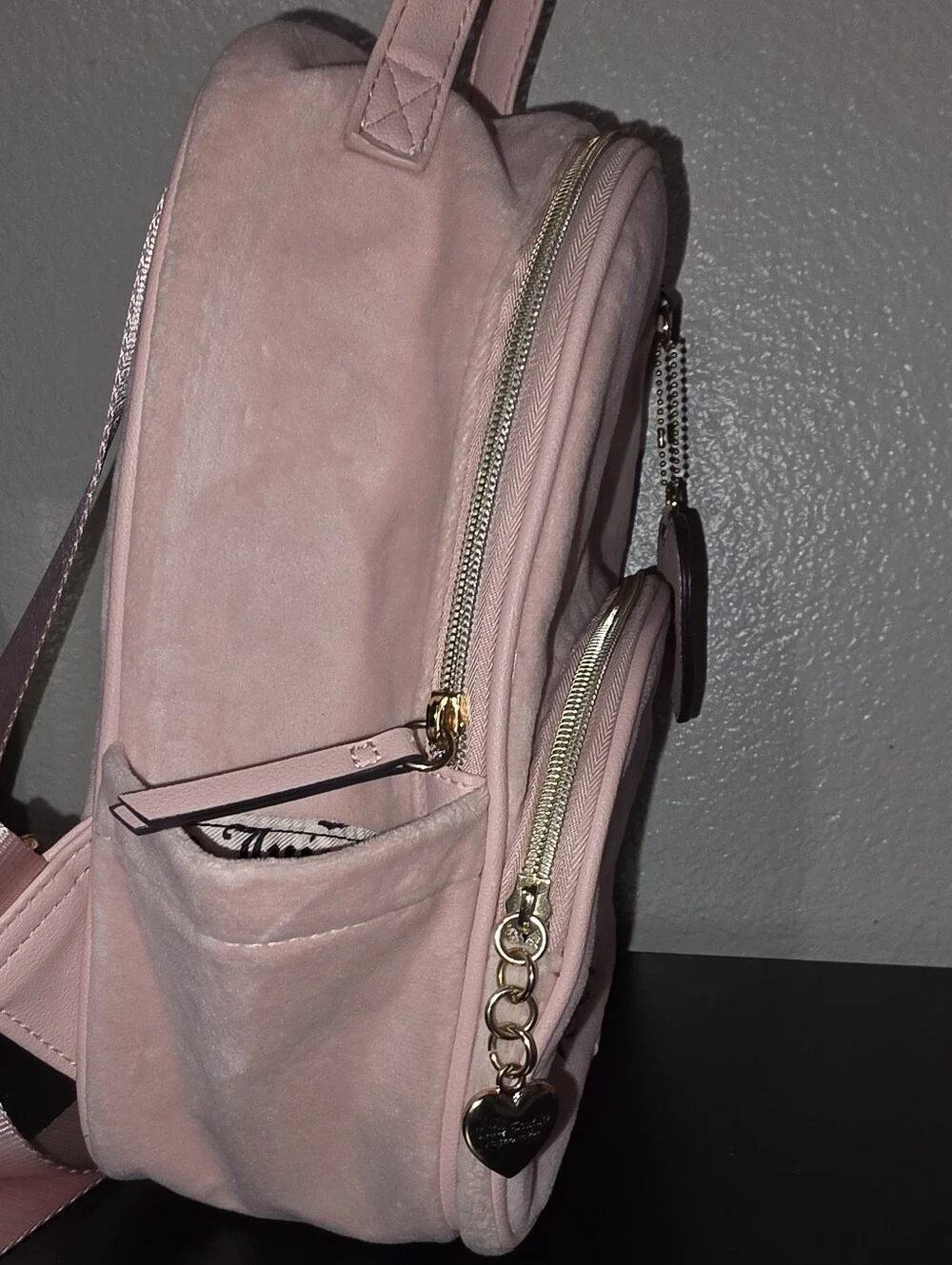 Juicy Couture Pink Velour Mini Backpack Gothic Logo Heart Charm Y2K